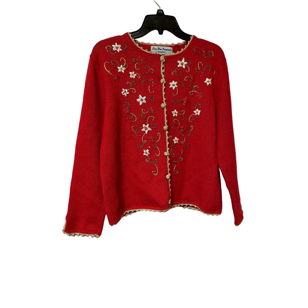 Blue Star Originals Studio button down sweater , embroidered poinsettias